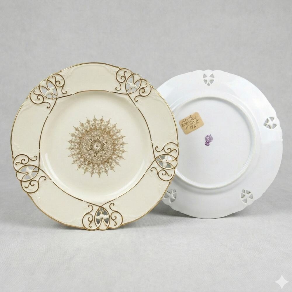 Antique 1887 Royal Worcester Pierced Rim Plate – Gold Gilt Medallion – Victorian